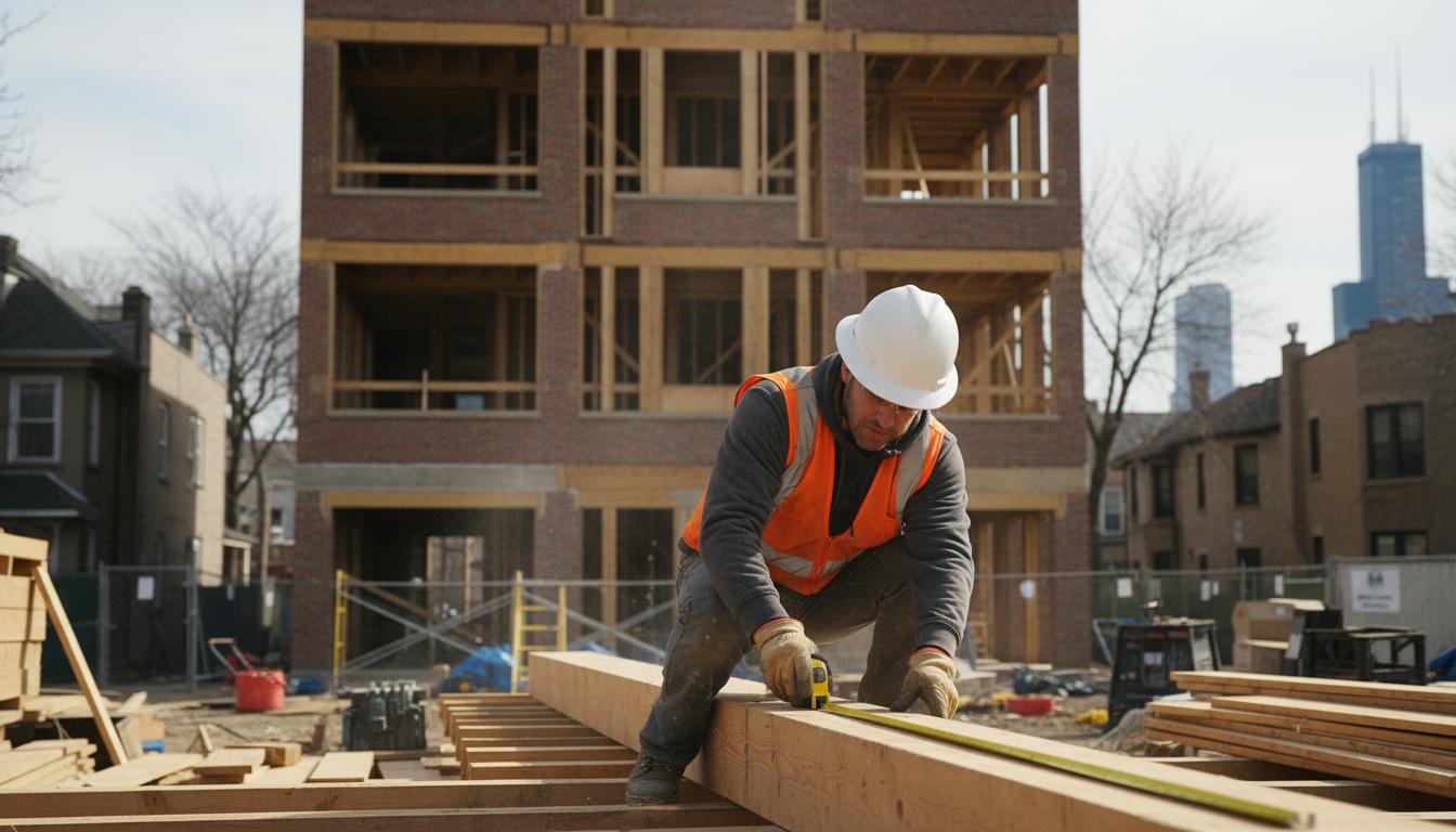 Construction worker measuring lumber